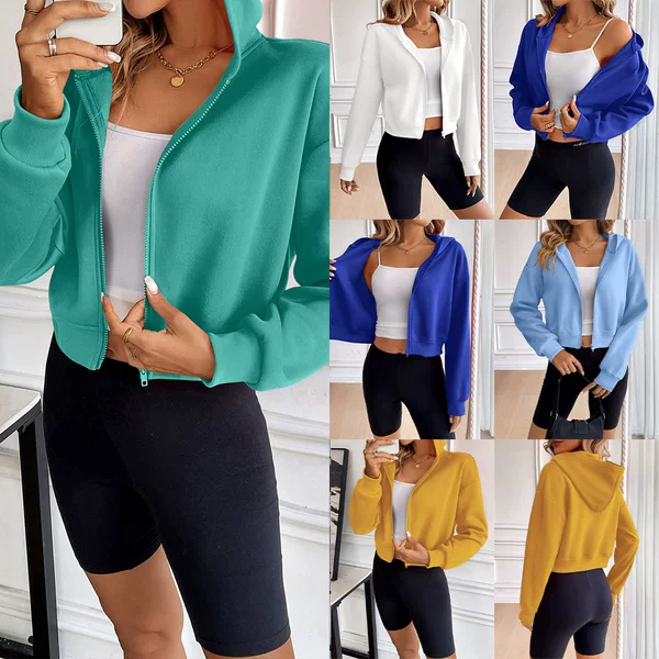 Amazon Cross-border Women's European and American Short Zipper Hooded Casual Women's Sweater Cardigan Hooded Sweater