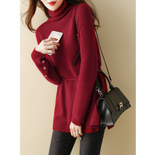 2025年秋冬新款高领长袖红色毛衣女设计感中长款宽松收腰显瘦上衣