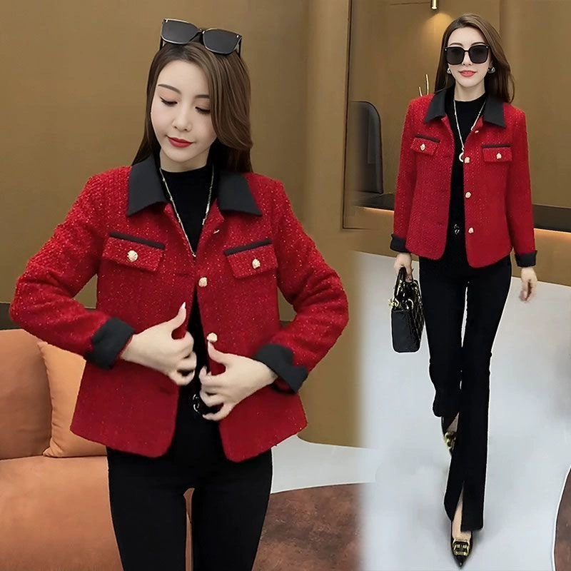 Весенний жакет в стиле Chanel от XinxinJia для мам, городской/западный крой, бордовый или черно-белый, размеры L-4XL
