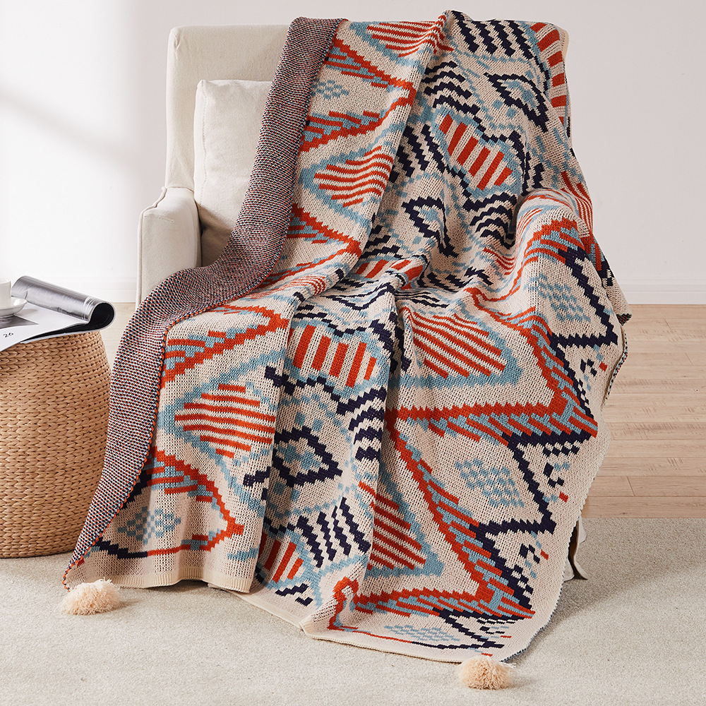 Bohemian sofa cover wool knitted ethnic style wave air conditioning blanket, tassel nap blanket_voghion.com