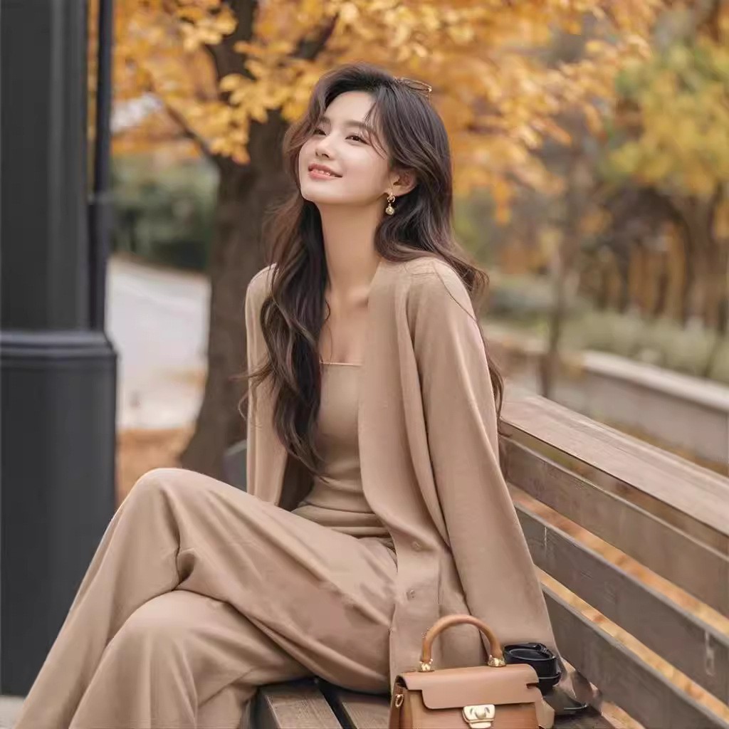 Elegant Set of Wear Loose Lazy Style High-end Sense apricot Sling Cardigan Wide Leg Pants Three-piece Autumn Dress for Women