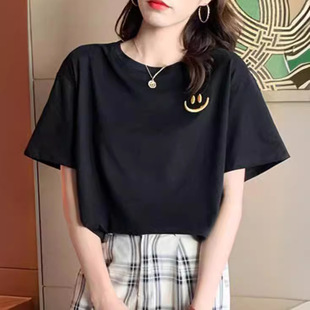 Men and women can wear ~ Hong Kong style cotton T-shirt summer short sleeve 2024 new smiley embroidered white thin loose top