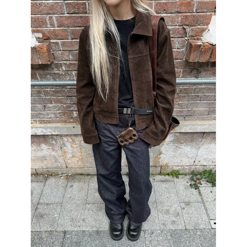 25 Years Korean-Style Suede-Like Regular Shoulder Trendy Jacket for Men and Women, Simple Dark Brown Coat, Retro Fashion Men's Trendy Clothing