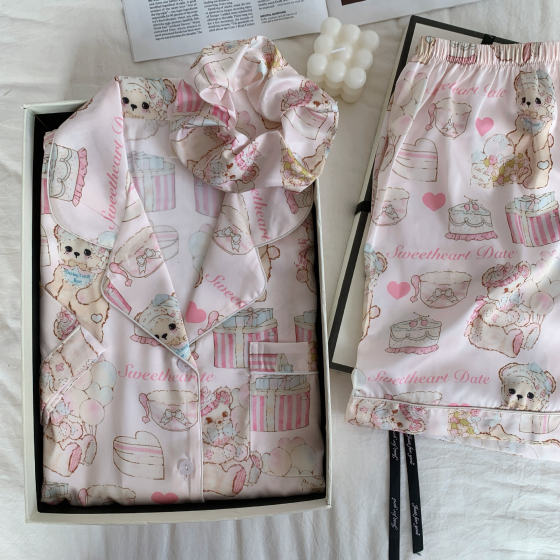 [cake bear] short sleeve shorts pajamas cartoon bear cute home clothes summer snow silk suit thin women