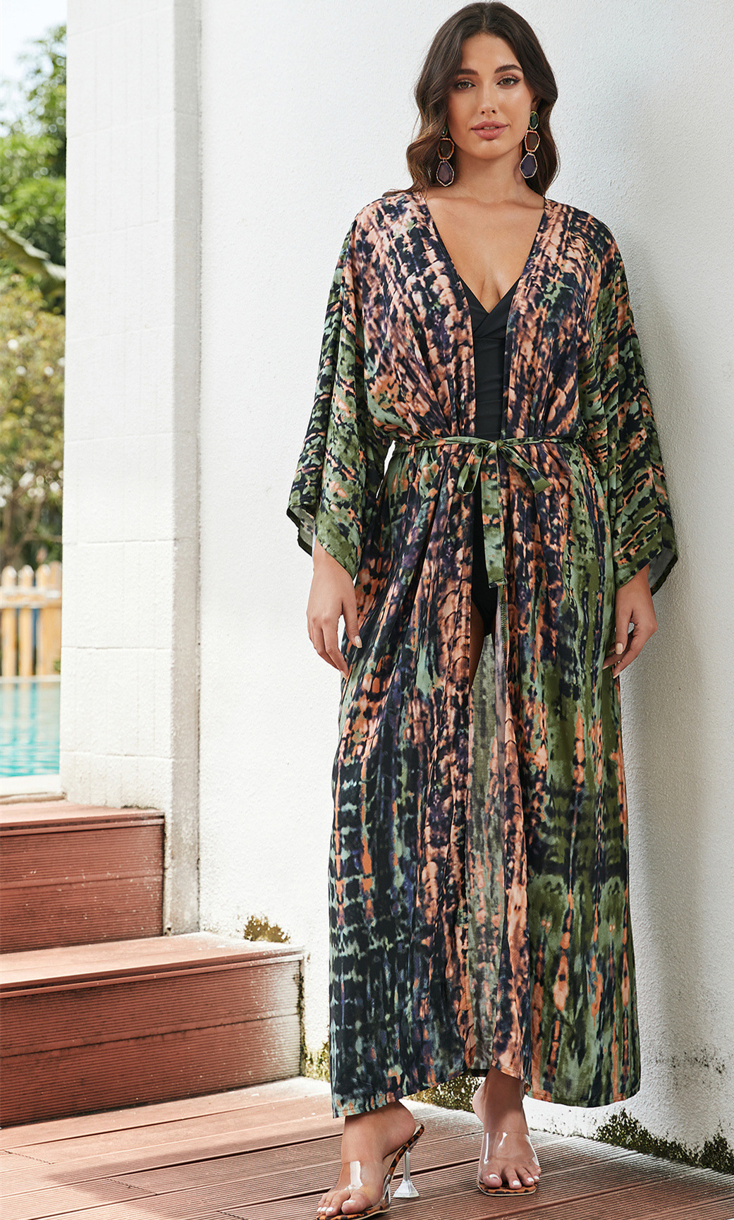 European And American Rayon Water Print Beach Cover up Sexy Loose Cardigan Swimsuit Bikini for Women_ecoleips.com