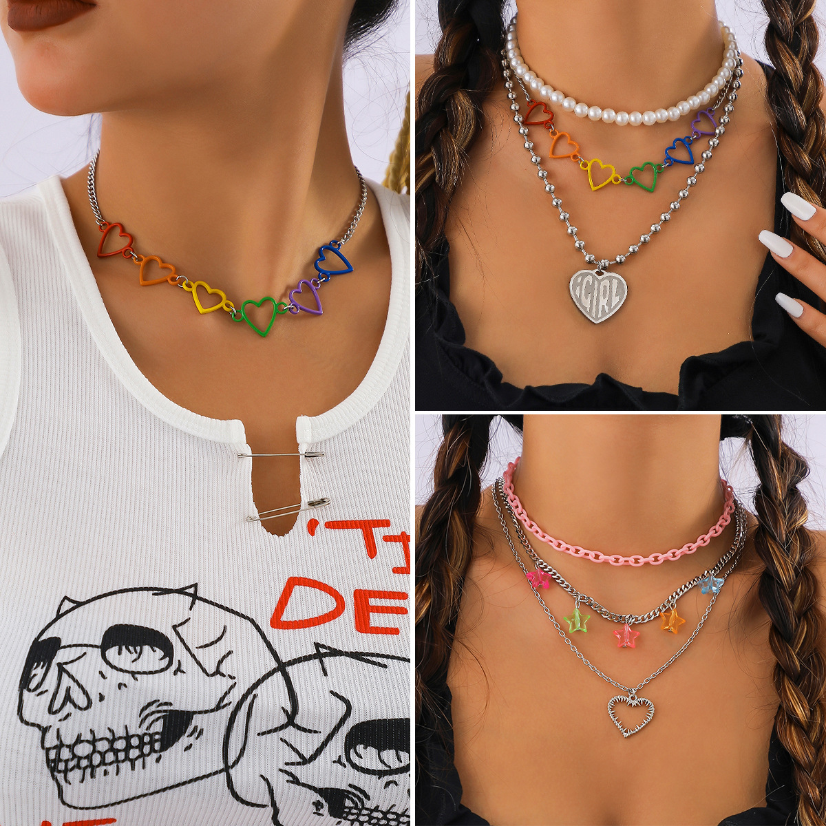 Bijoux simples et creux, colliers hip-hop en forme de cœur coloré, design de niche, collier étoile en perles artificielles_voghion.com