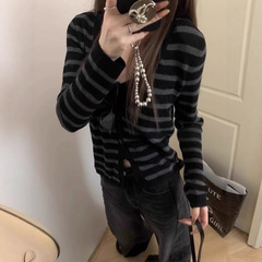 软糯V领长袖毛衣针织开衫女百搭外套薄款条纹早秋韩系小上衣外套