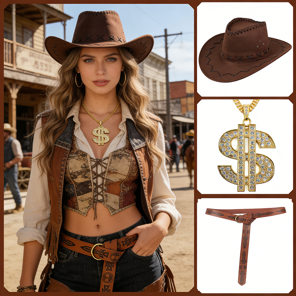 Sombrero de cowboy western y collar de dólar para disfraz_voghion.com