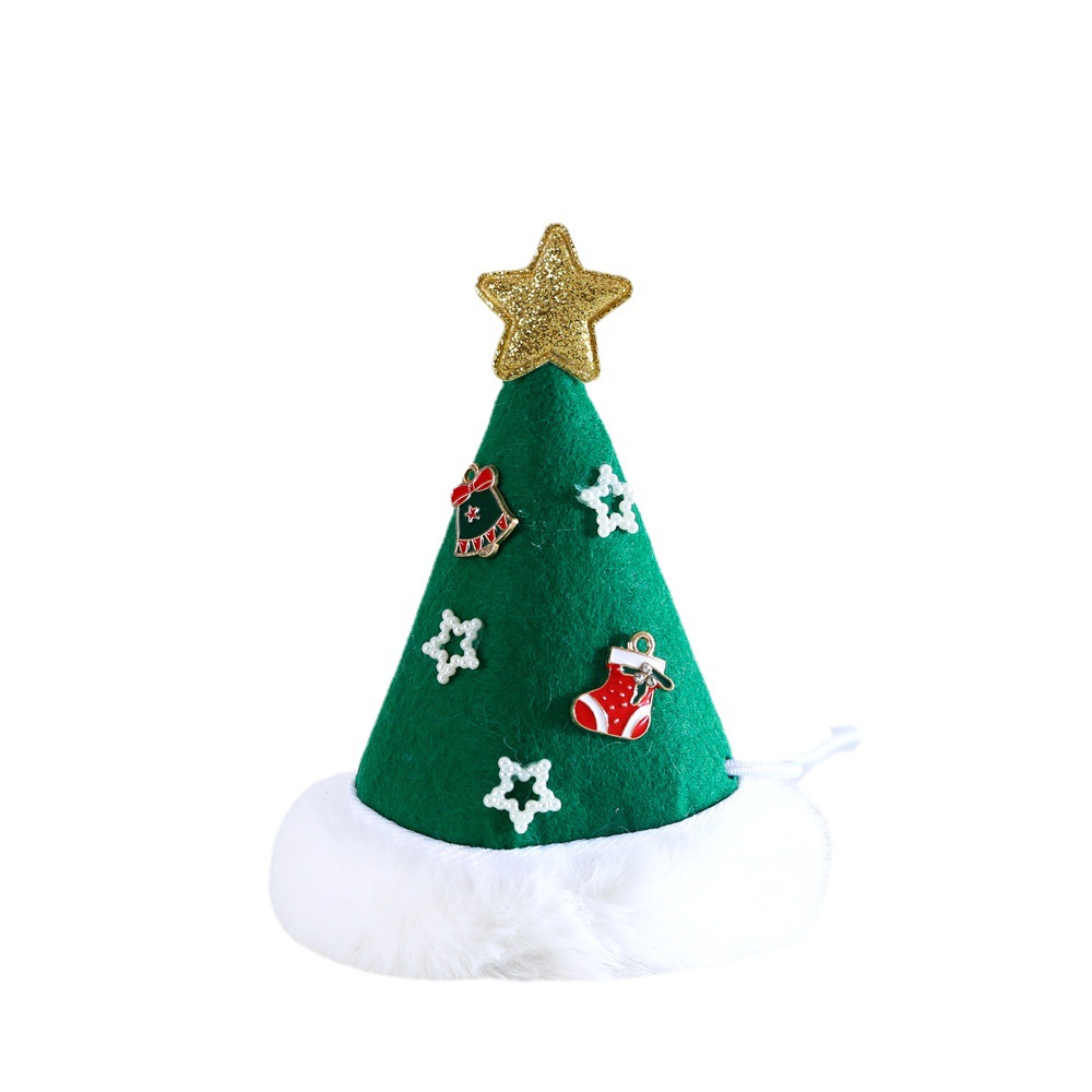 Gato mascota Oso de peluche perro conejo fieltro tridimensional Perla estrella de cinco puntas sombrero de Navidad Campana calcetines tocado