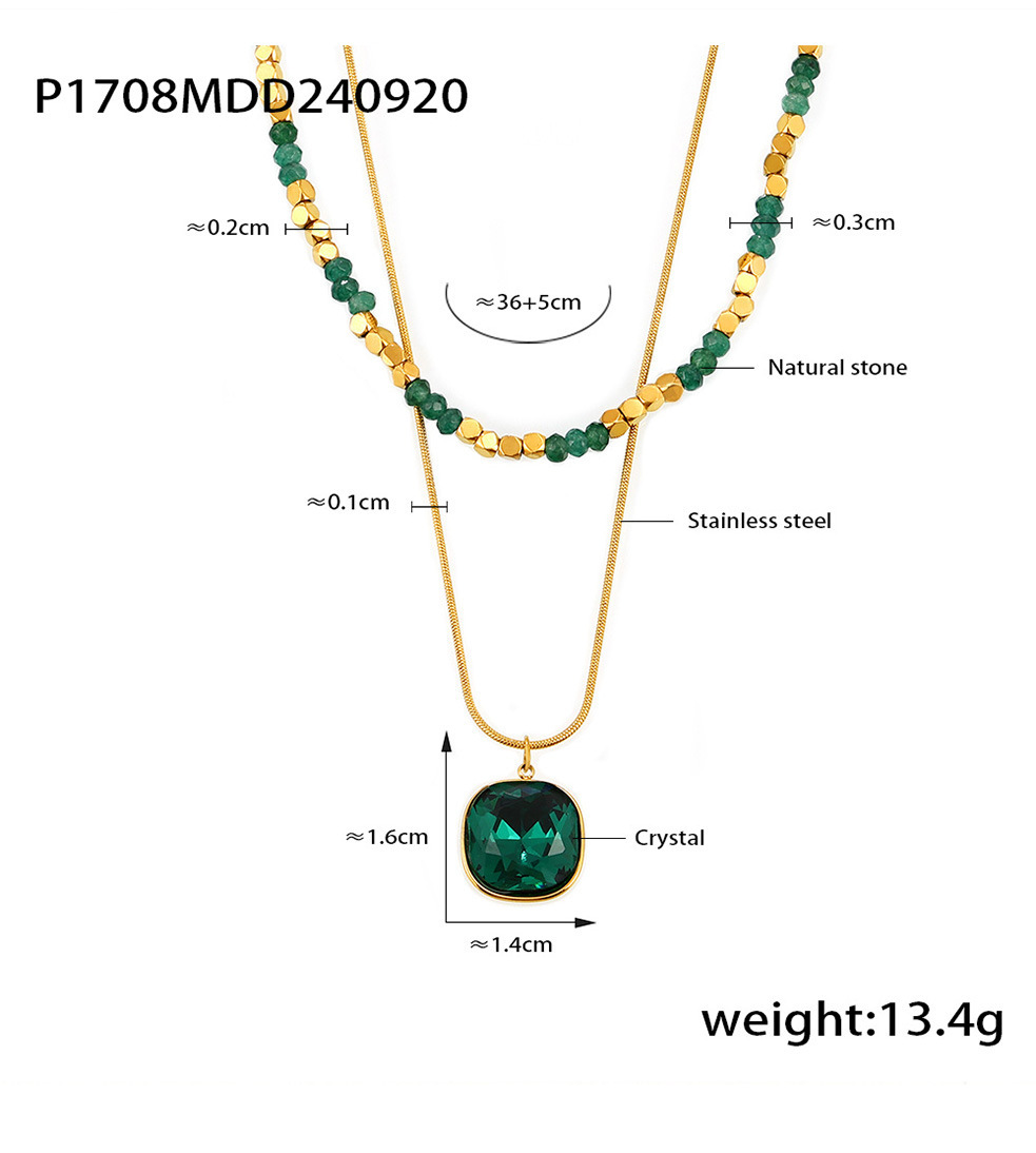 Natural Stone Crystal Pendant Necklace Double Layer Stainless Steel_voghion.com