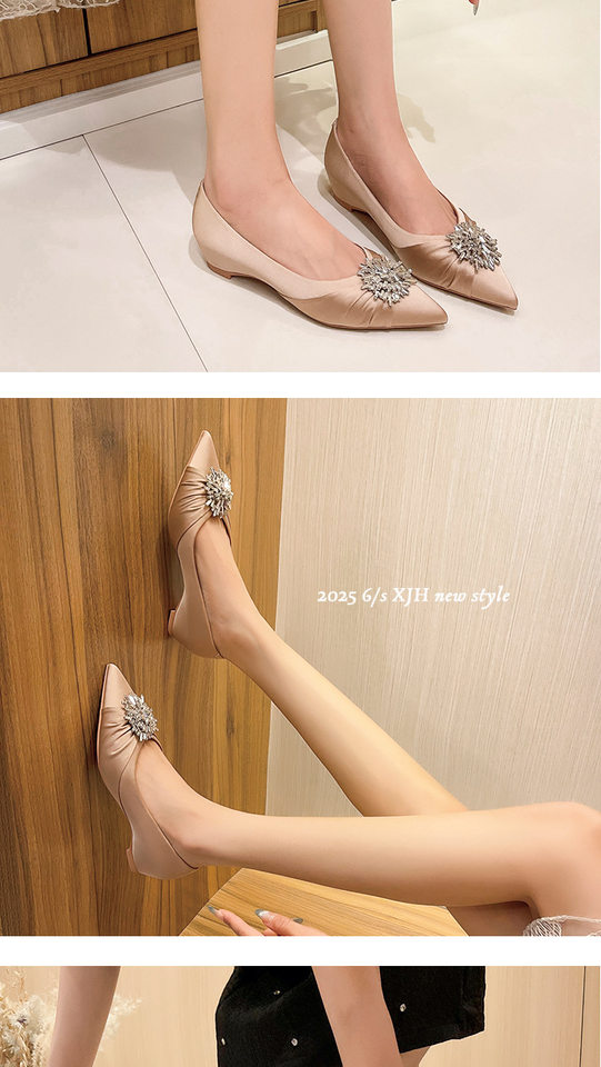 Giày cao gót nữ mũi nhọn chất liệu satin, đế xuồng gót thấp có độn tăng chiều cao bên trong — Màu hồng nude, Màu đen chi tiết 10