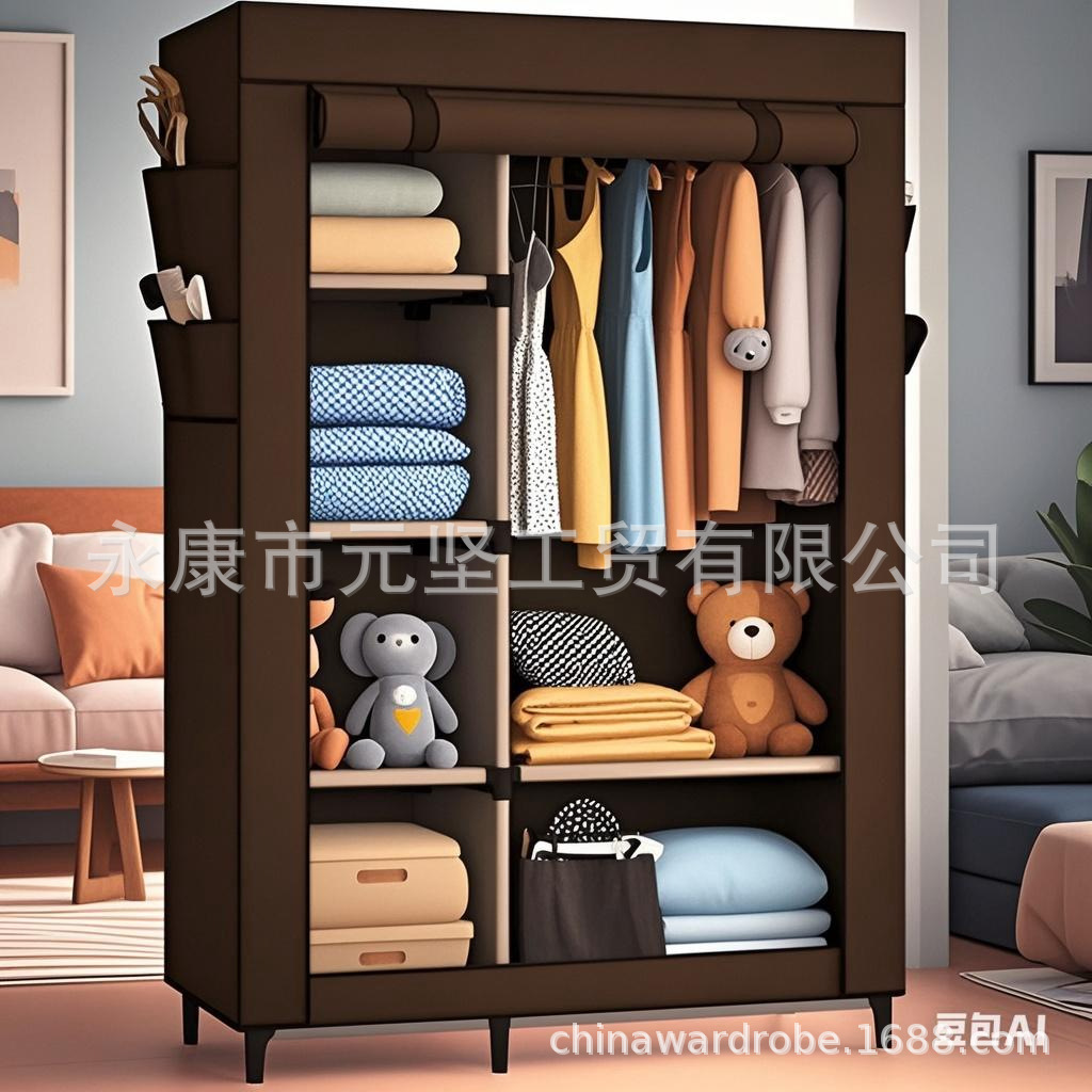 Armario de tela simple, armario de almacenamiento, armario a prueba de polvo, dormitorio, marco de acero, combinación de refuerzo, armario de estudiantes de alquiler al por mayor