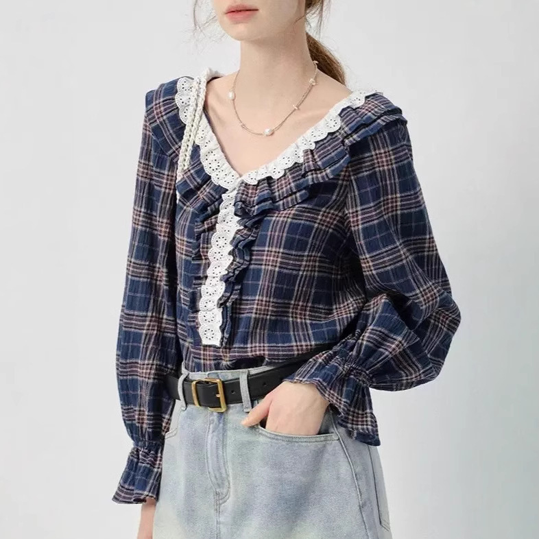 Plaid Shirt for Women, Spring and Autumn 2025 New Style, V-Neck Lace Lantern Sleeve Off-Shoulder Top, Ins Style