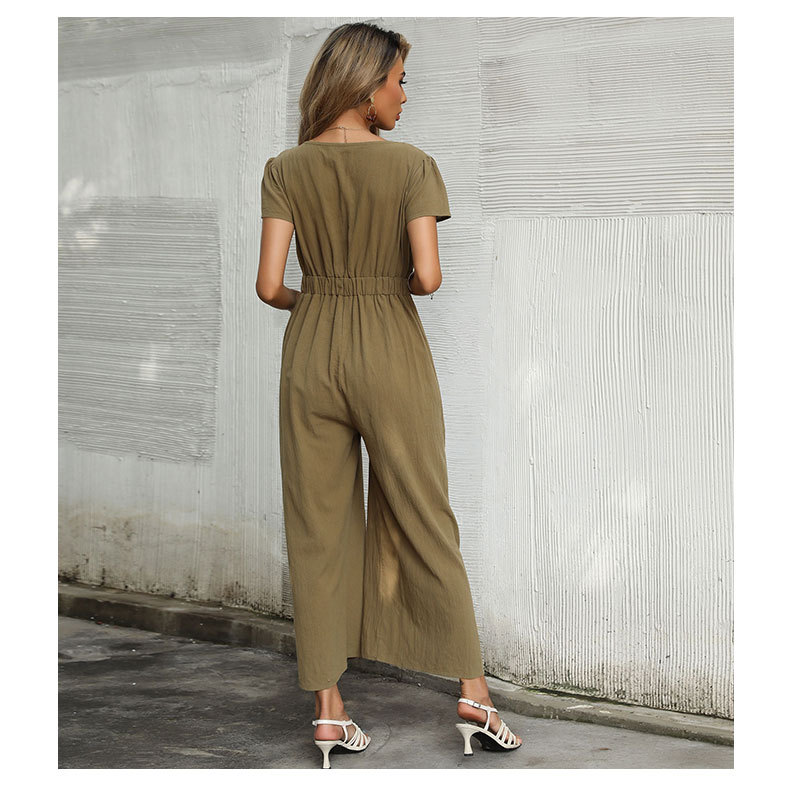 Solid Color Sexy V-Neck Nine-Point Wide-Leg Jumpsuit NSYYF66674