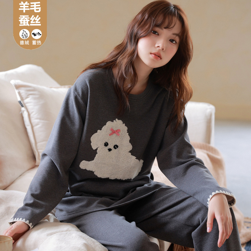 Pajamas Autumn and Winter Women's Silk Wool German Velvet Thickeneded Long-Sleeved Round Neck Heat Storage Warm Pullover Cartoon Home Clothes