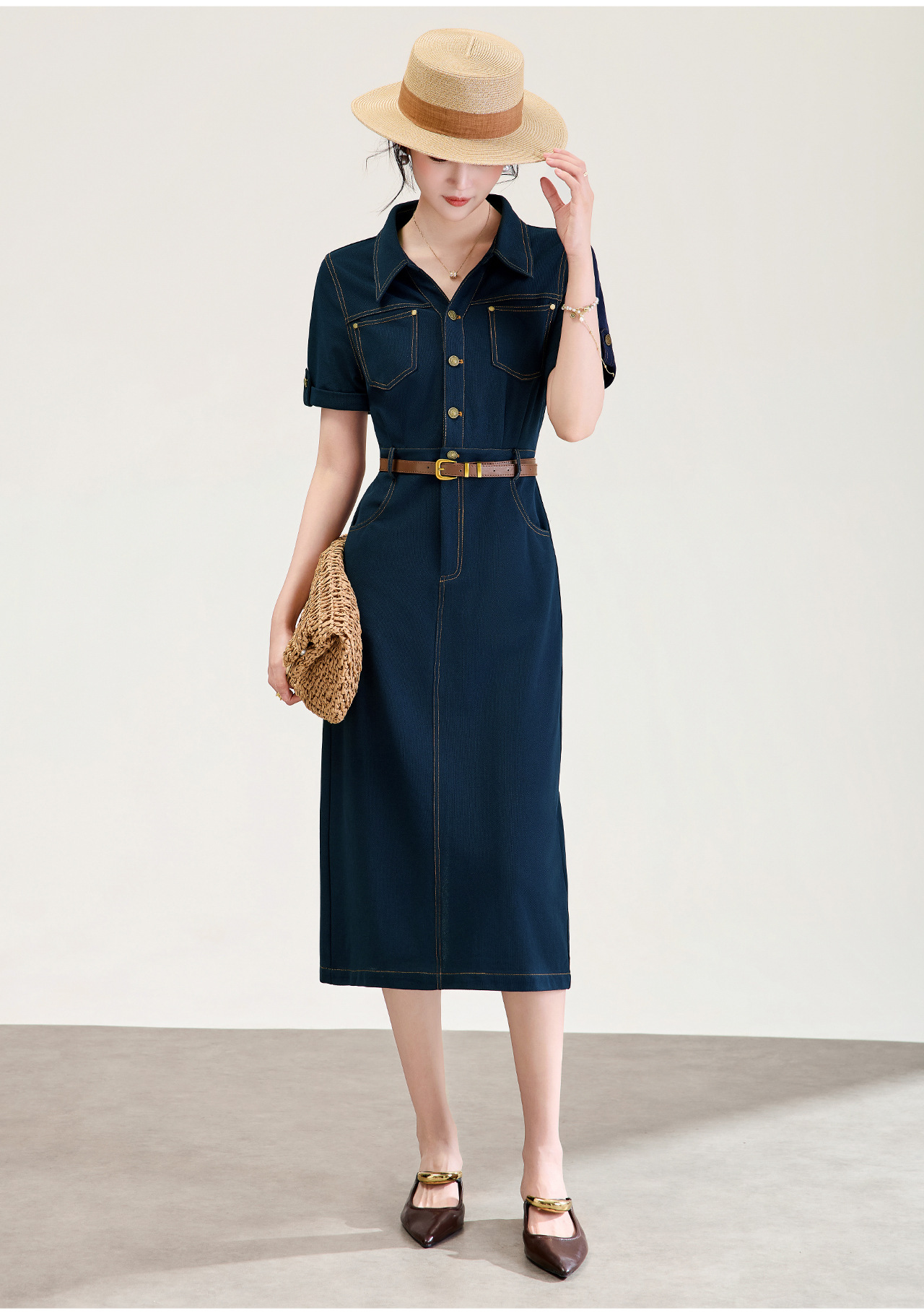 Đầm denim nữ cổ V eo cao tay ngắn dáng ôm — xanh lam chi tiết 4