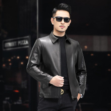 春秋新款真皮皮衣翻领山羊皮仿鹿纹夹克拉链休闲商务短款外套男士