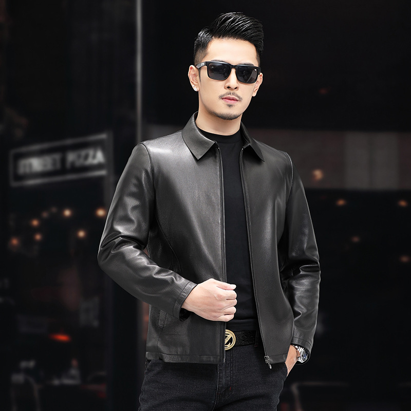 春秋新款真皮皮衣翻领山羊皮仿鹿纹夹克拉链休闲商务短款外套男士