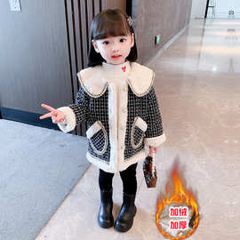 女童外套2022秋冬款韩版小香风中长款大衣女宝宝千格鸟风衣.6236