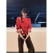 25春秋新款超绝圆领女装新年发财红色格子拼接假两件针织开衫