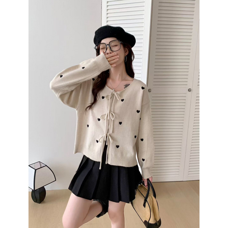 温柔风爱心提花针织开衫女2025秋冬新款设计感蝴蝶结系带毛衣外套|undefined