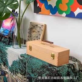 跨境木质翻盖式画笔收纳盒原木色可手提字画包装木盒带隔板文具盒