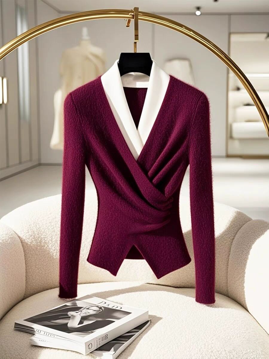 Áo len cardigan nữ cổ lọ phối hai lớp, thiết kế đối lập màu sắc, form ôm nhẹ — Rượu vang đỏ