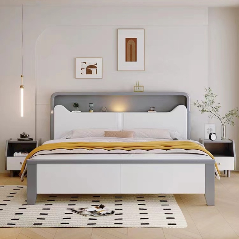 White solid wood bed modern simple 1.8m double bed bedroom 1.5m single high box storage master bedroom wedding bed