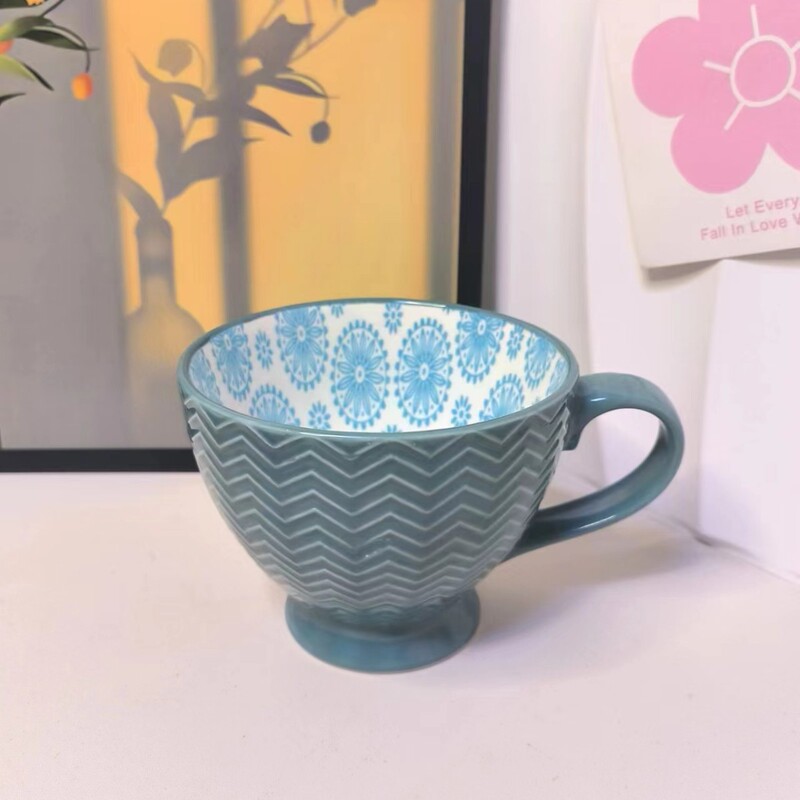 小清新北欧風陶磁器手描きカップオート麦牛乳コーヒーカップ模様彫刻カップ個性電子レンジ微瑕|undefined
