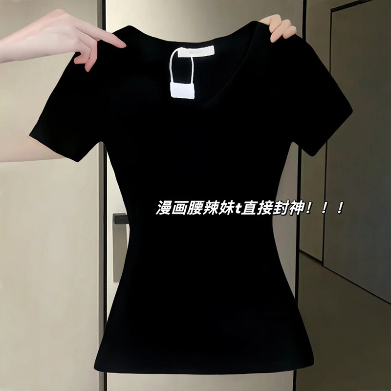 Black Shoulder T-Shirt Women's Short-Sleeved V-Neck Slim-Fit Slimming Tight Waist Design Base Shirt American Hot Girl Top