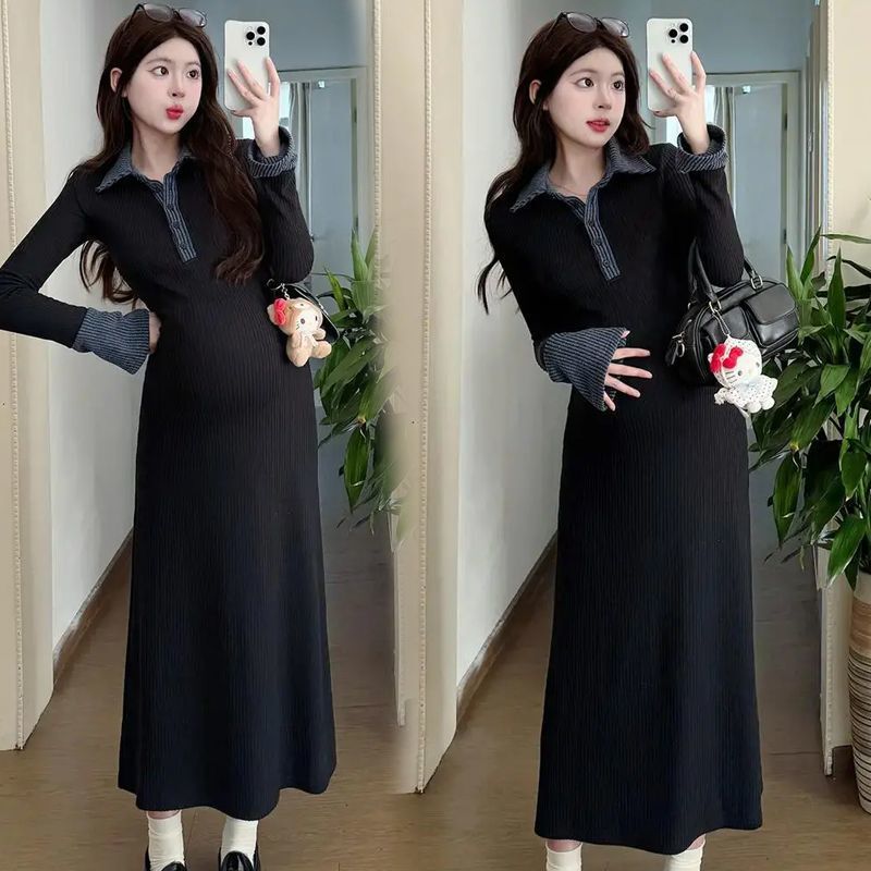 Maternity Wear Internet Celebrity Hot Style Inner Lapel Slimming Autumn and Winter Large Size Belly-Covering Commuting Style Dress