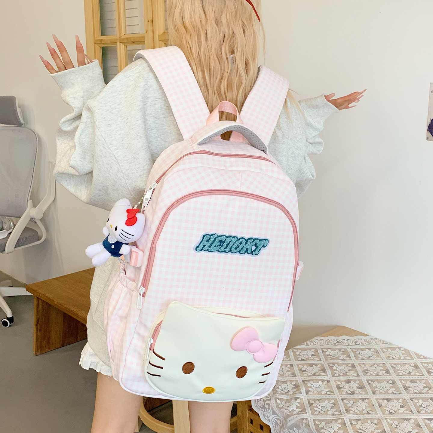 New Kt Cat Cute Bow Backpack for Middle School Students, Large Capacity Double Backpack for Girls