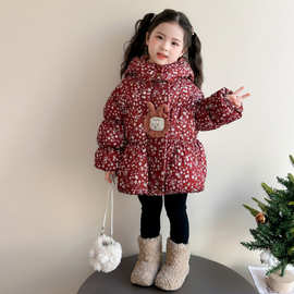 女童冬季红色碎花连帽棉服2025新款儿童洋气时髦加厚保暖棉衣外套