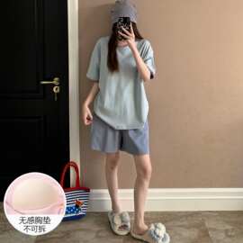 纯棉睡衣女夏季短袖简约带胸垫休闲全棉套装可外穿凉感家居服