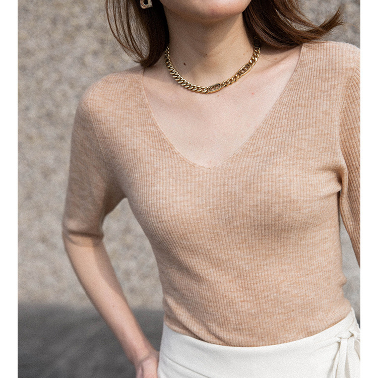 CHAO is thin! Shimadzu Seamless One-piece 18-stitch Water-soluble Wool V-neck Mid-sleeve Base Shirt Women's Inner Top Spring