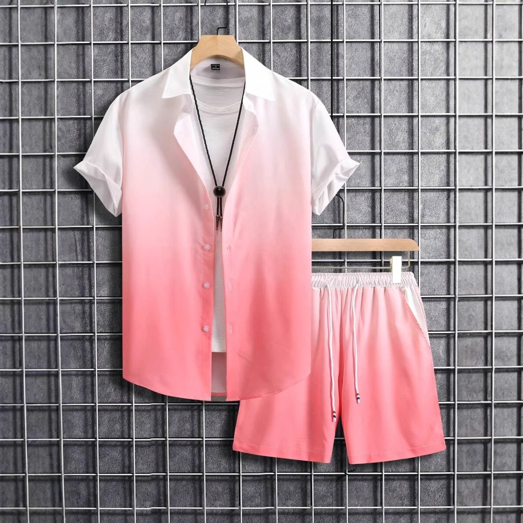 Venta caliente color degradado impresión 3D spot transfronterizo Xiyin verano hawaii vacaciones camisa pantalones cortos conjunto 2 piezas