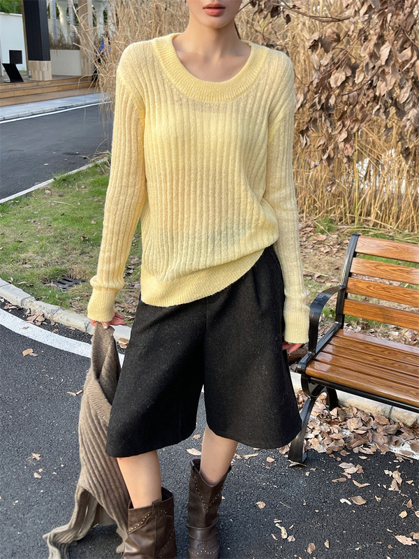 【实拍】坑条含羊毛春秋新款圆领套头好看高级感休闲黄色毛衣女|undefined