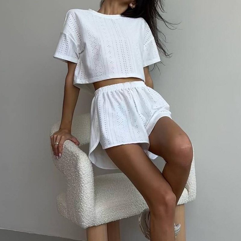 Cross-border 2026 Spring/Summer New European And American Sports Casual Outfit For Women, Solid Color Hollow Out Split_ecoleips.com