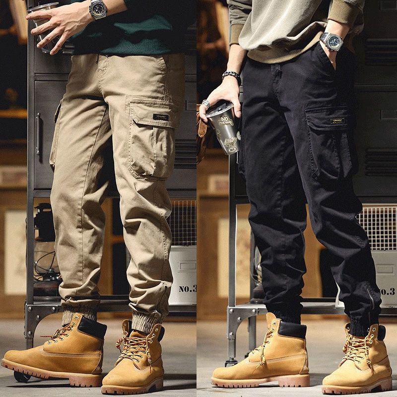 American-Style Pure Cotton Work Casual Long Pants for Men, Autumn Multi-Pocket Welding Anti-Scald Zipper Jogger Work Pants