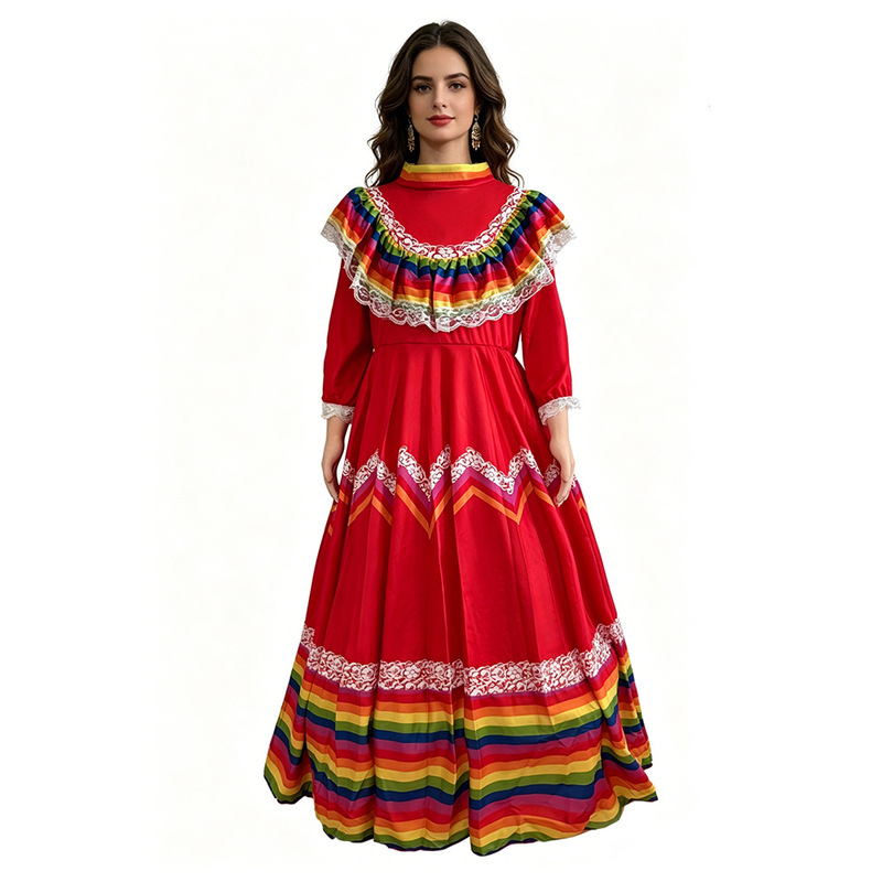 2024 European and American New Five-color Mexican Girls Long Dress Ethnic Dance Costume Children's Performance Game Costume