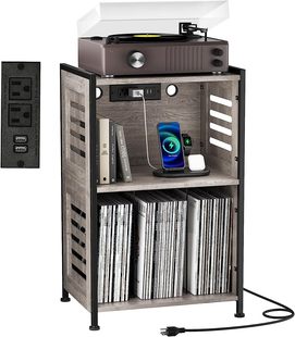 Record Storage Table Audio Recording Display Stand Solid Wood Support Leg with Power Strip Bedroom Living Room Audio Stand