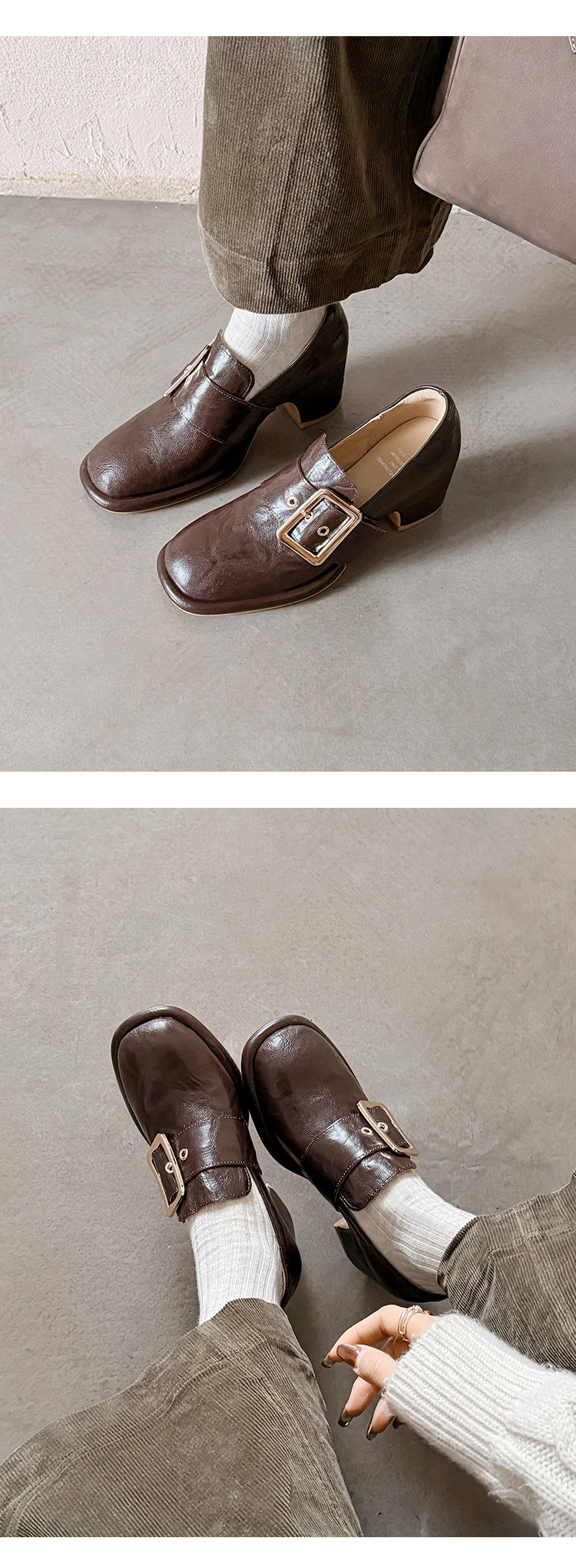 Giày cao gót nữ loafer da cừu gót vuông 7 cm — màu nâu chi tiết 7