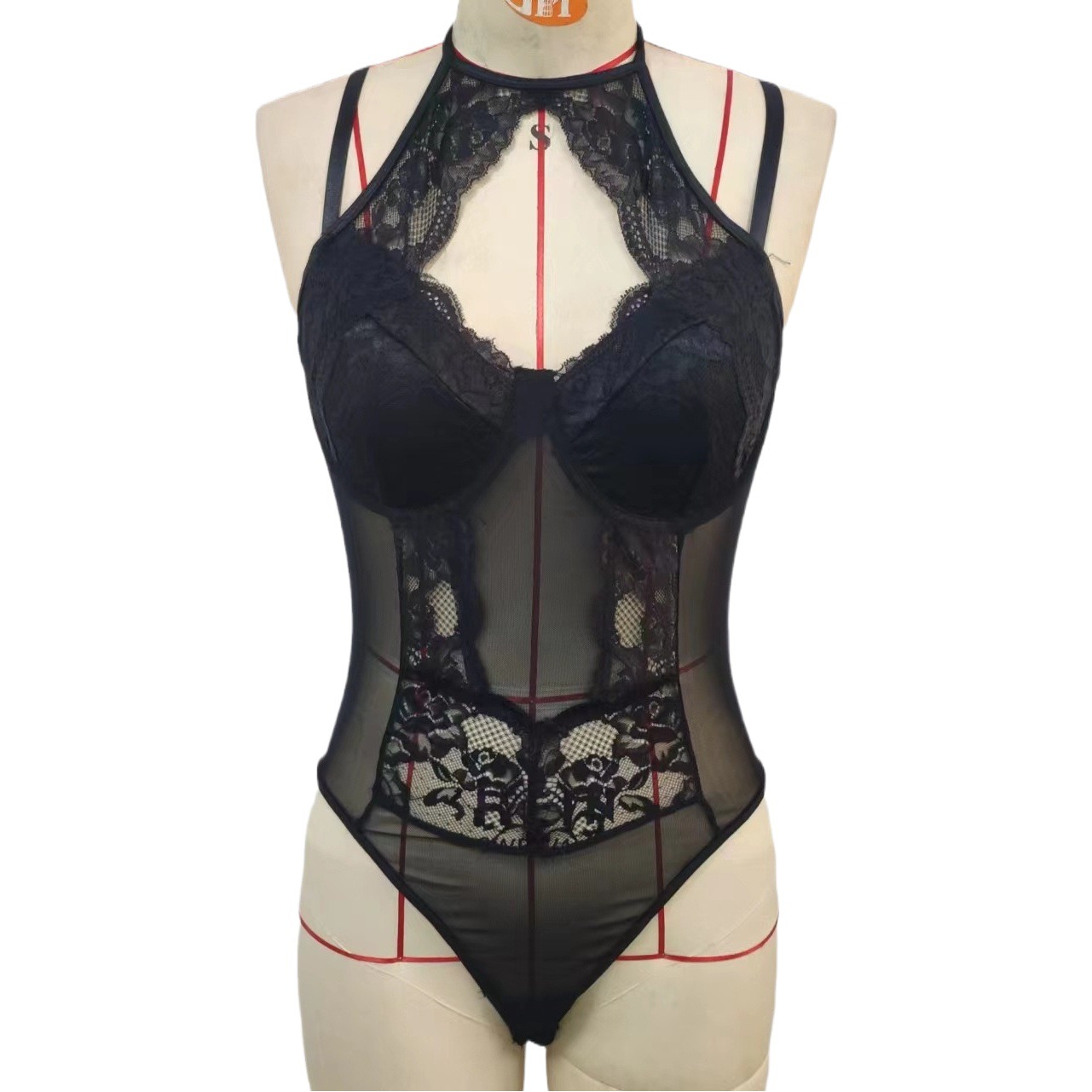 Lace mesh stitching transparent hollow-out set neck strap Street hot girl style inner wear detachable chest pad jumpsuit for women