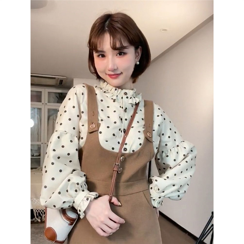 韩版减龄可爱甜美温柔小个子套装秋季新款波点上衣+中长款背心裙