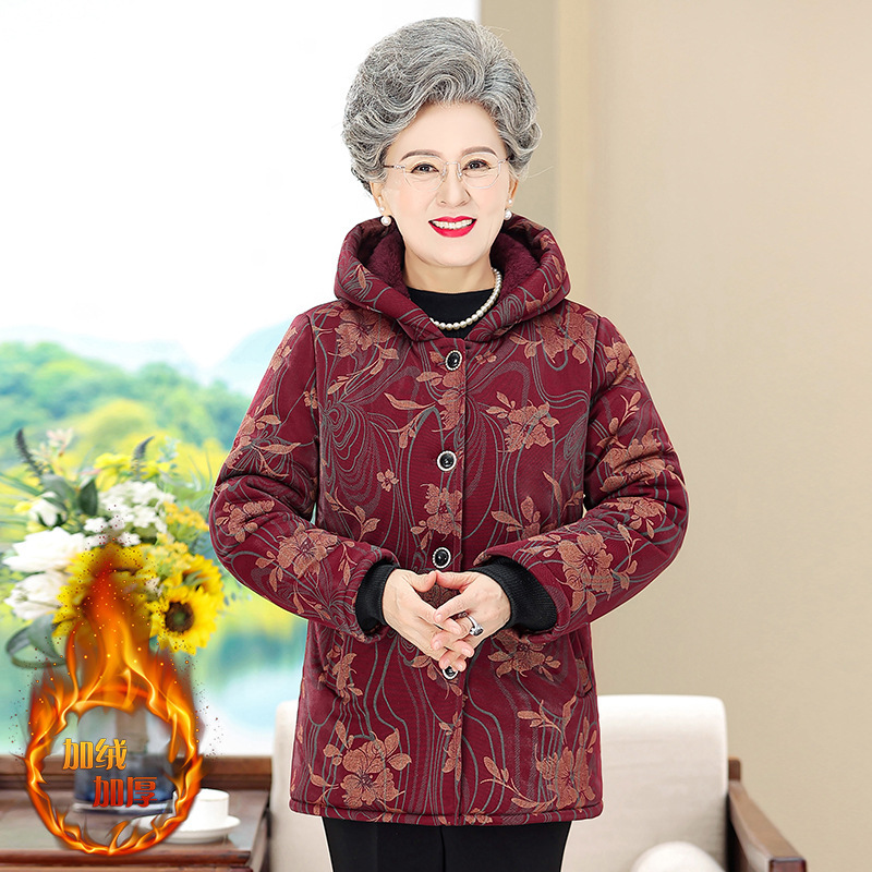 Mother's coat for middle-aged and elderly women, fleece-lined and thickened, winter cotton-padded jacket for grandma, mid-length with hood Mother's coat for middle-aged and elderly women, fleece-lined and thickened, winter cotton-padded jacket for grandma, mid-length with hood