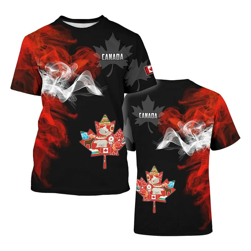 2025 Fashion New Canada T-Shirt Men's Clothing Harajuku Street Fashion T-Shirt 3D Printing Maple Leaf Deer Pattern Popular Short Sleeve
