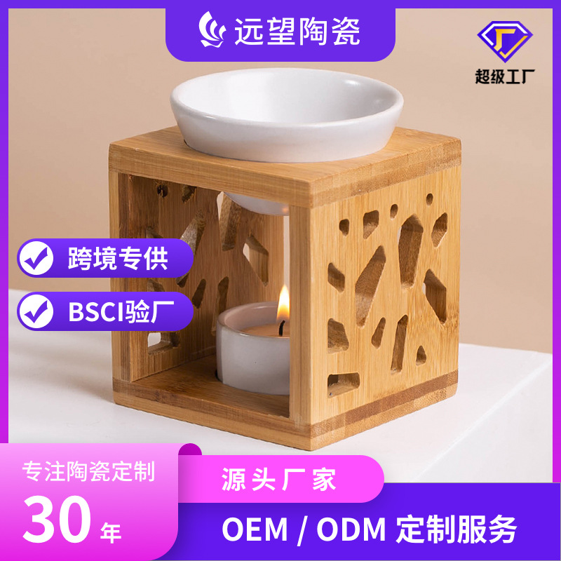 Fábrica directa de cerámica de cera de aceite esencial candelabros de bambú y madera creativos hogares vela soporte de lámpara horno de aroma artesanía adornos