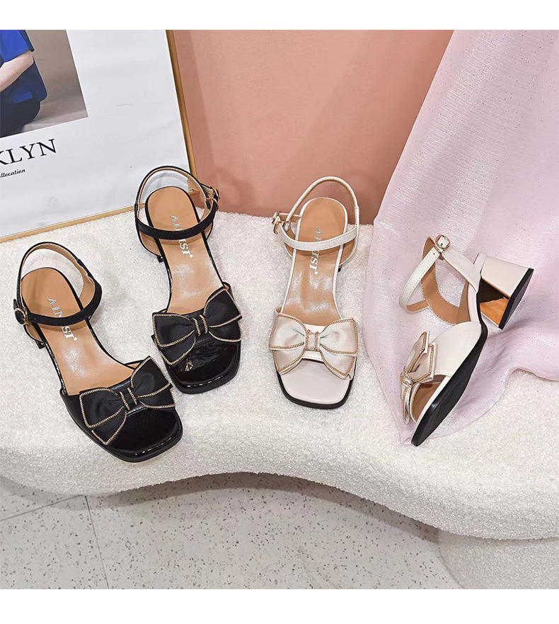 Sandal cao gót nữ quai ngang da thật mũi nhọn nơ điệu đà — Chân mập màu be to hơn một cỡ chi tiết 12
