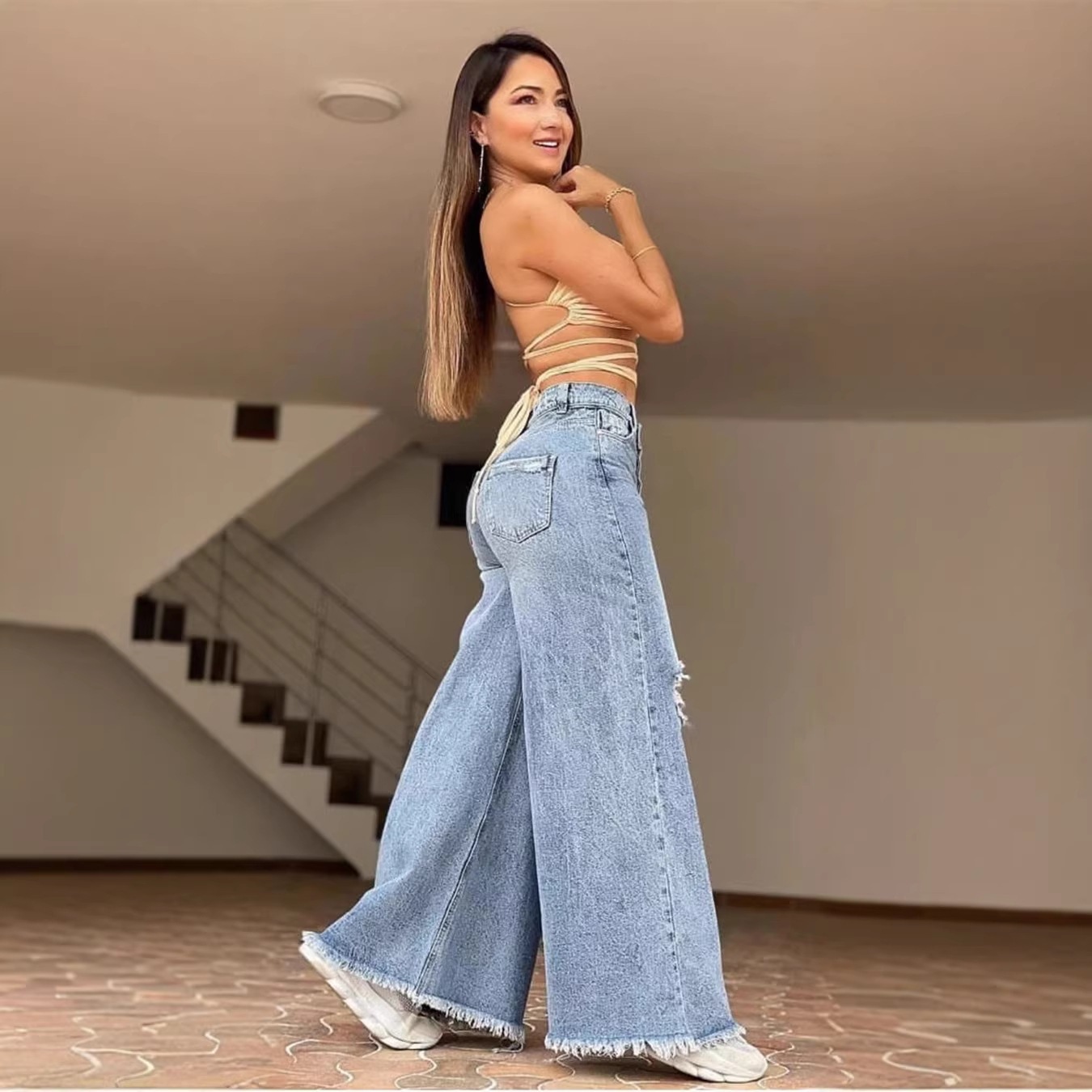 Jeans de Pierna Ancha con Agujeros y Tiro Alto para Mujer de Algodón, Lavado