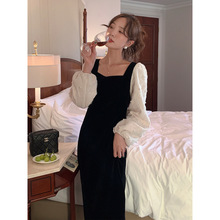 诠释美 NEW OPEN连衣裙女冬季2022法式气质收腰钉珠丝绒裙80761